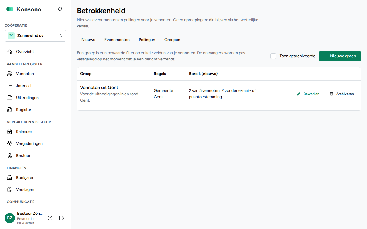 Betrokkenheid: tabblad Groepen