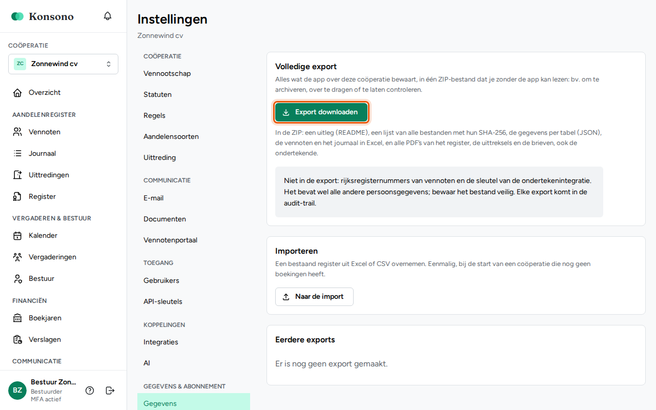 De volledige export downloaden, stap 1