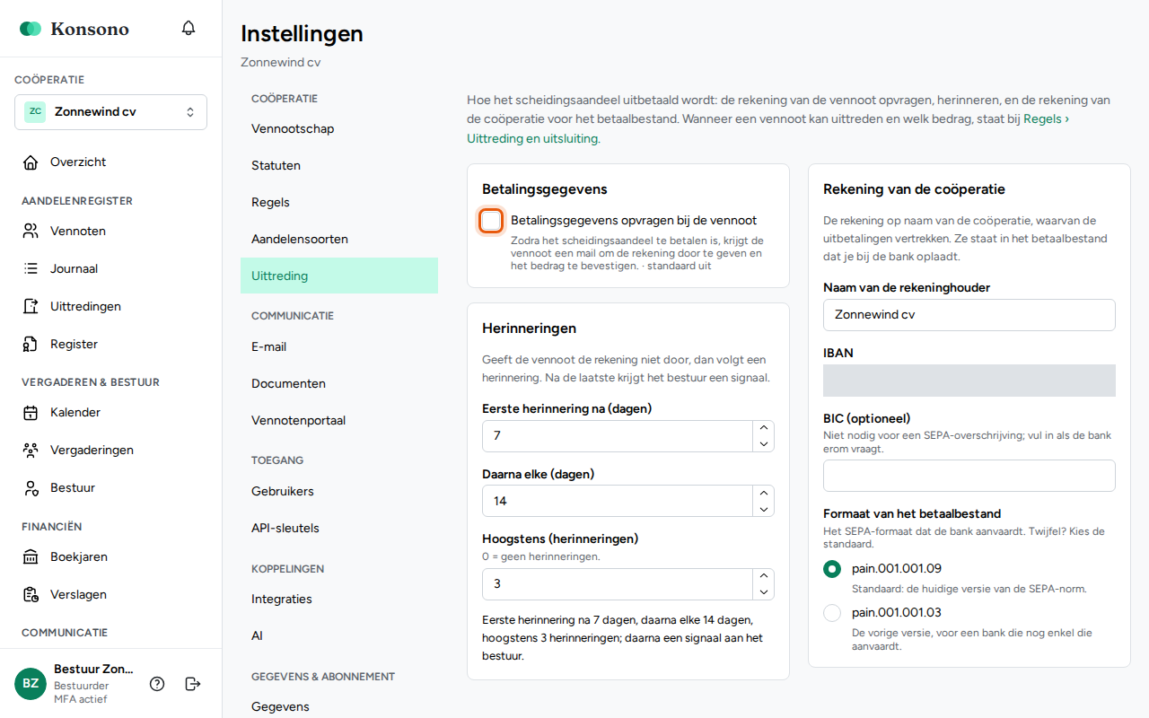 De betaling van een uittreding instellen, stap 1