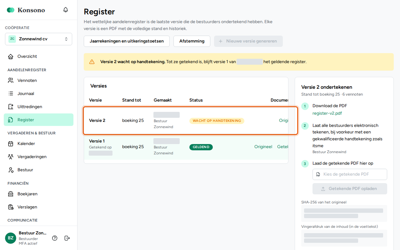 Een registerversie ondertekenen, stap 2