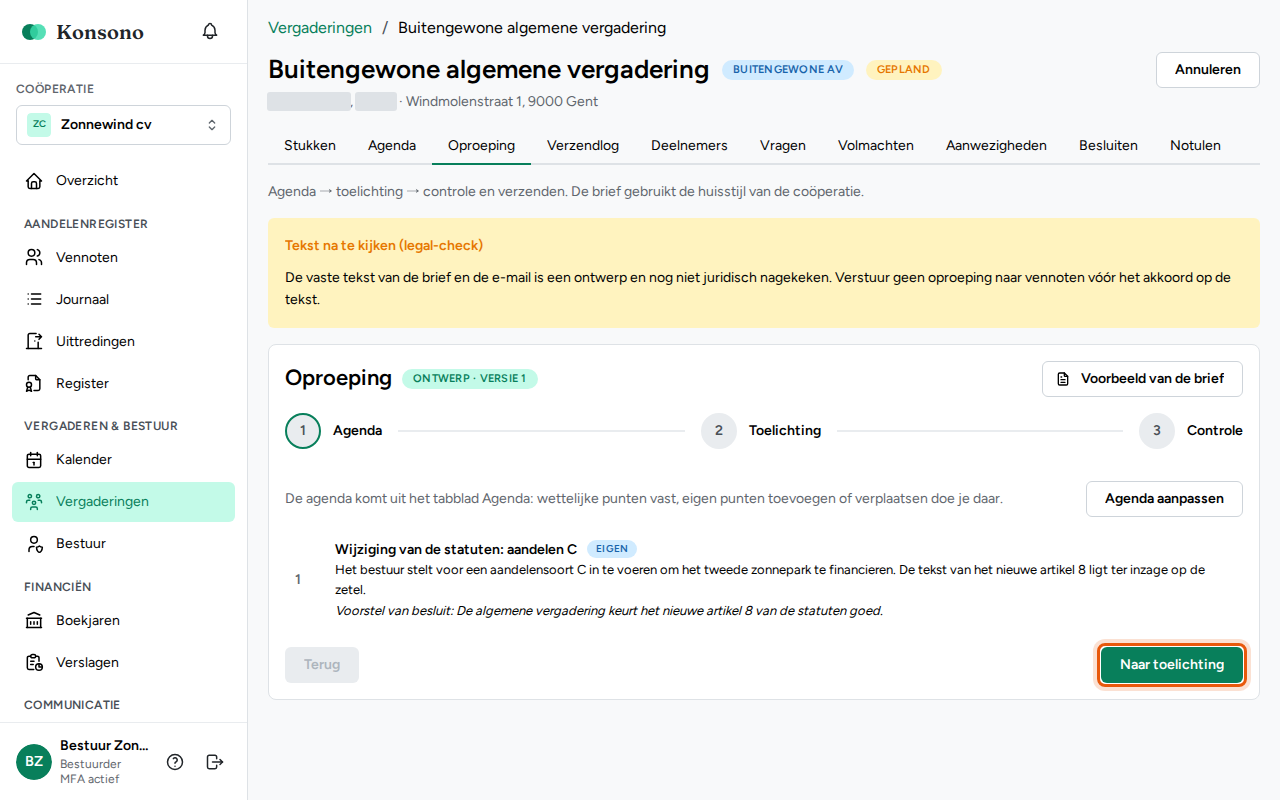 De oproeping versturen, stap 2