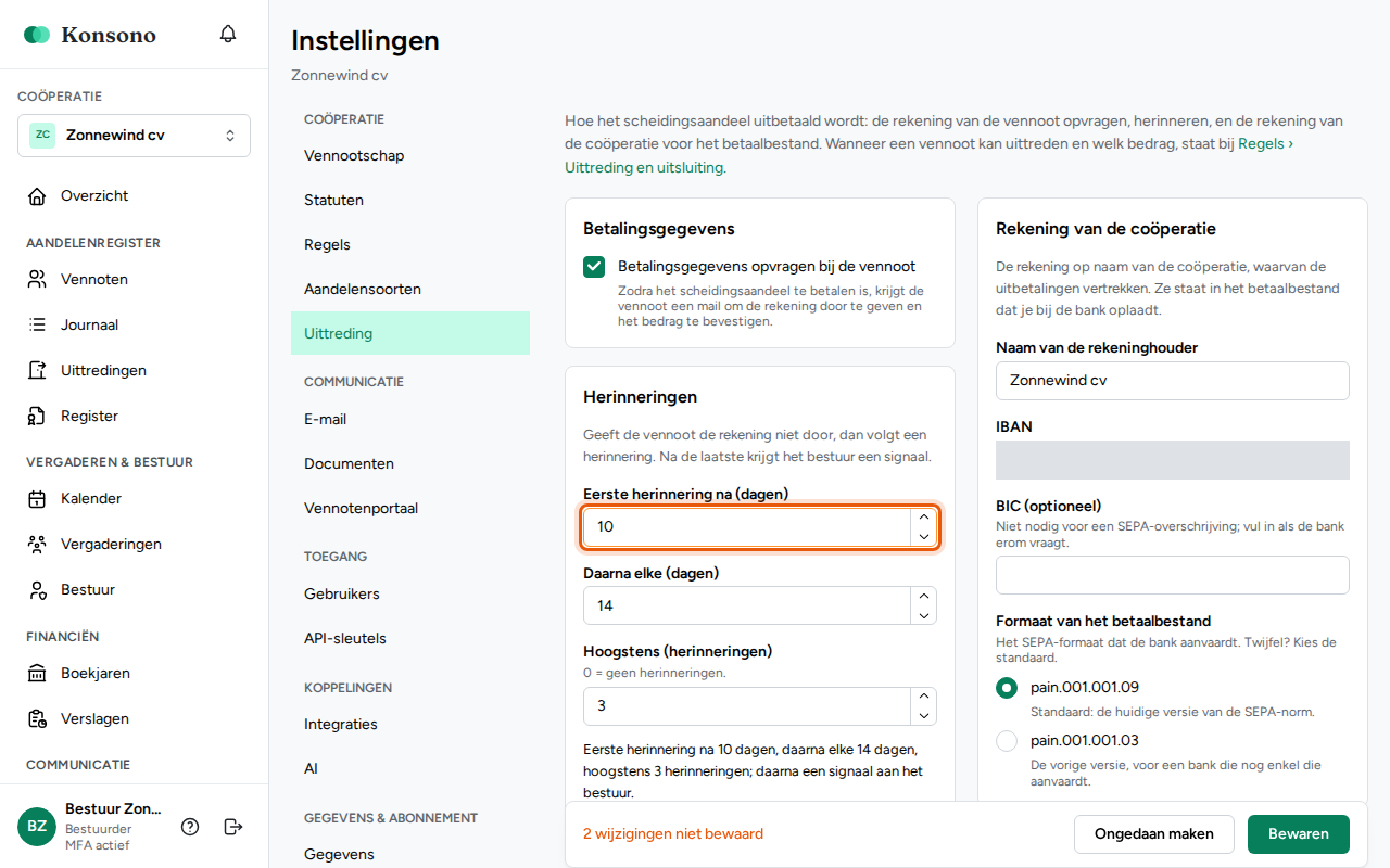 De betaling van een uittreding instellen, stap 2