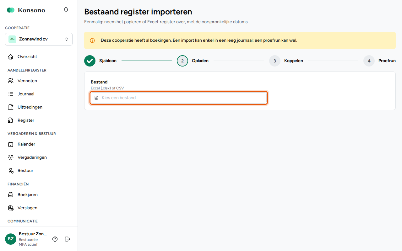 Een bestaand register importeren, stap 2