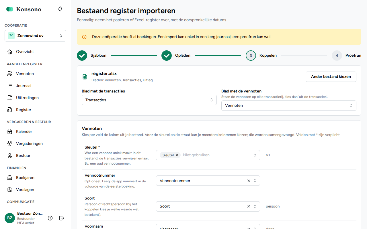 Een bestaand register importeren, stap 3