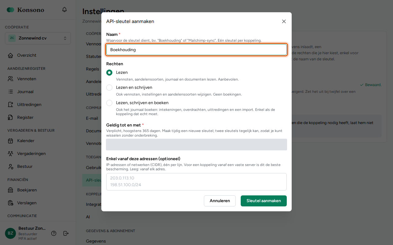 Een API-sleutel aanmaken, stap 3