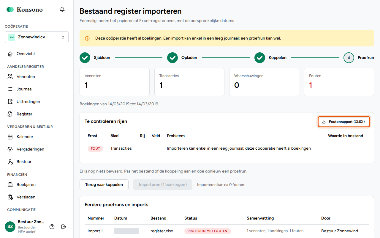Een bestaand register importeren, stap 4