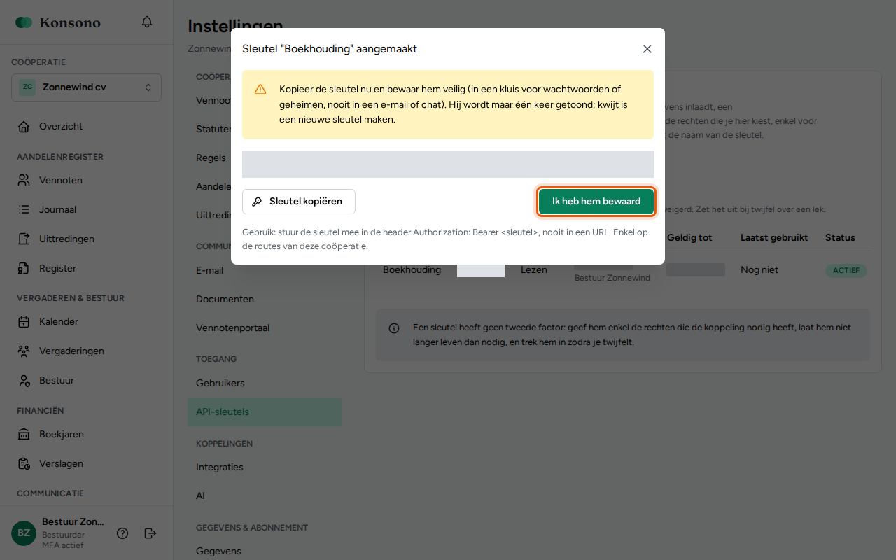 Een API-sleutel aanmaken, stap 6