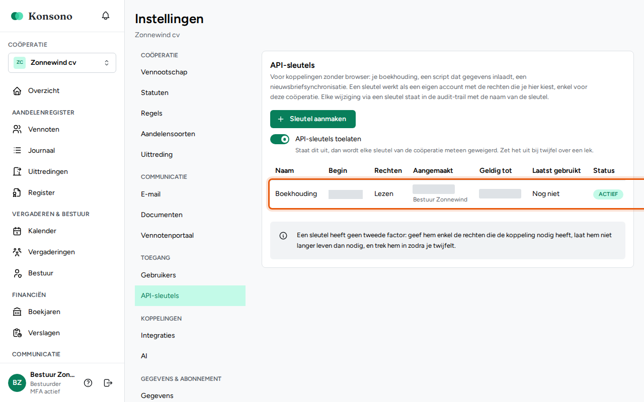 Een API-sleutel aanmaken, stap 7