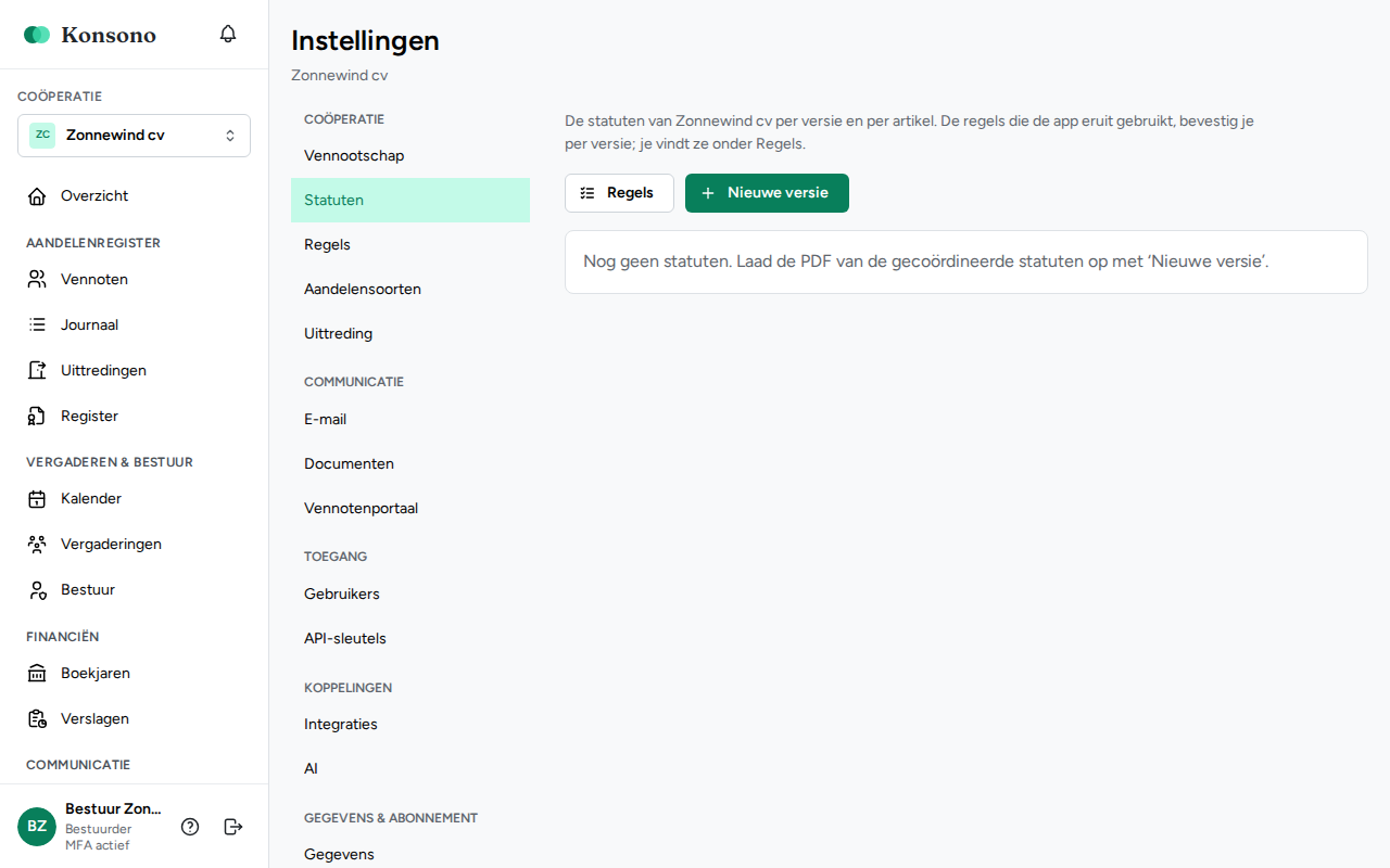 Instellingen: onderdeel Statuten