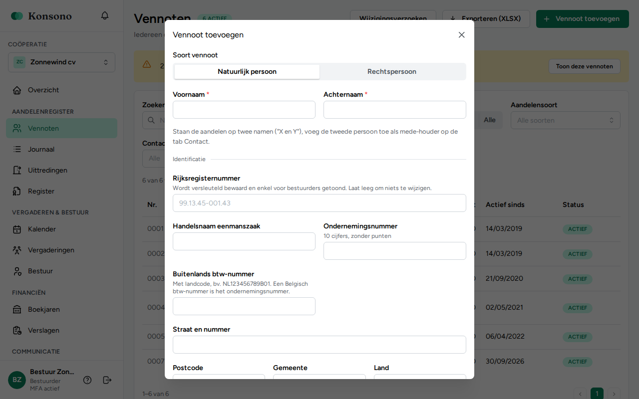 Vennoten: venster Vennoot toevoegen