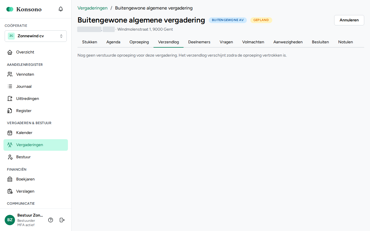 Vergadering: tabblad Verzendlog
