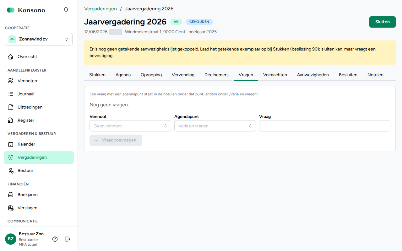 Vergadering: tabblad Vragen