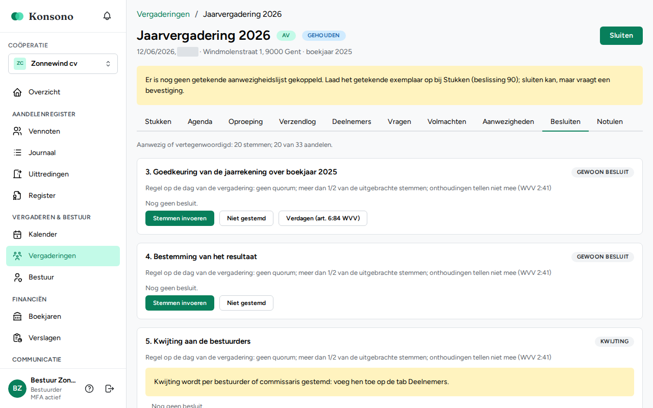 Vergadering: tabblad Besluiten