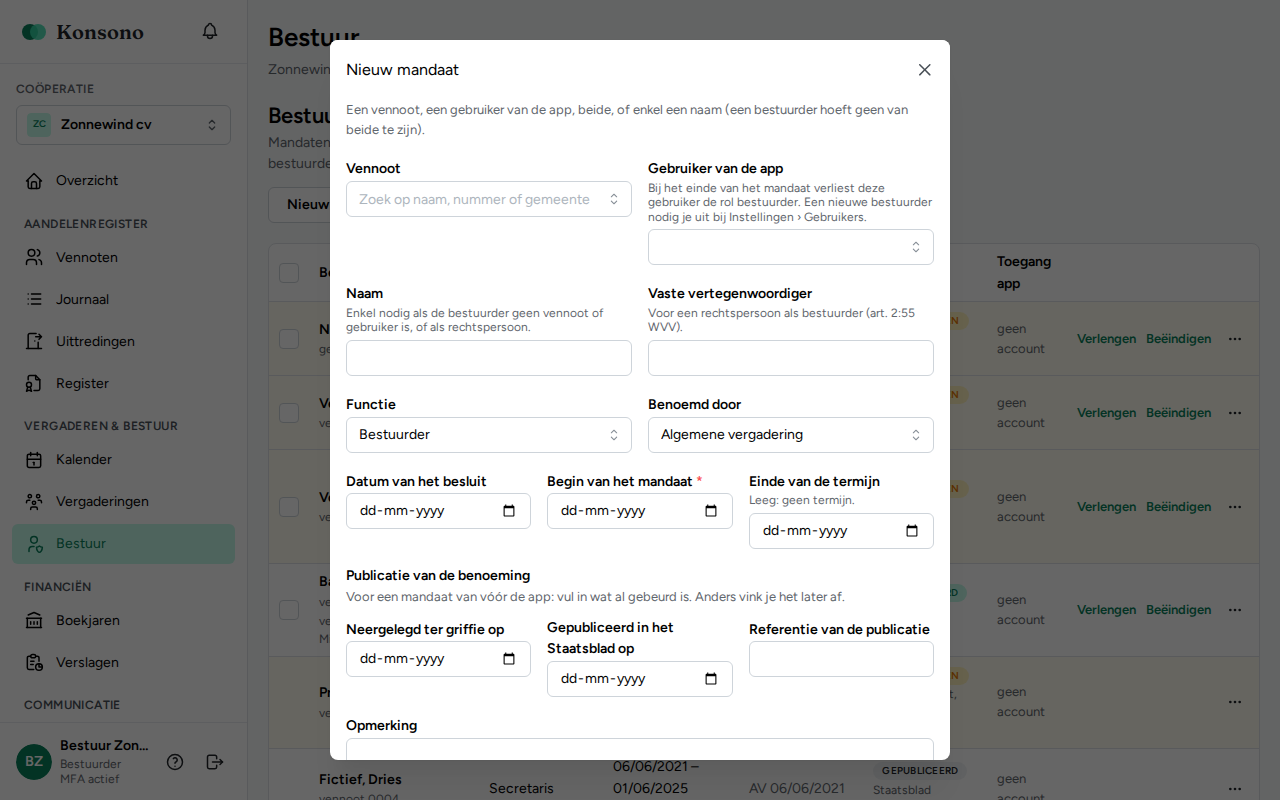Bestuur: venster Nieuw mandaat