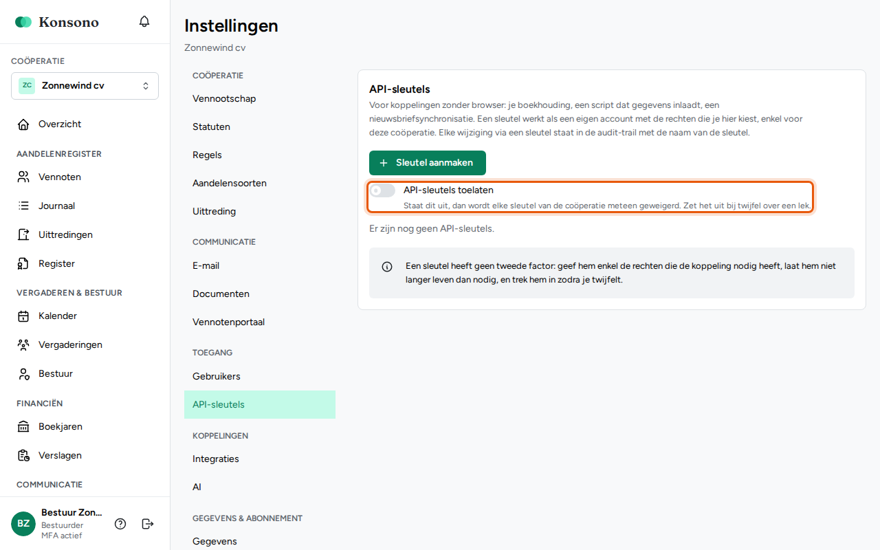 Een API-sleutel aanmaken, stap 1