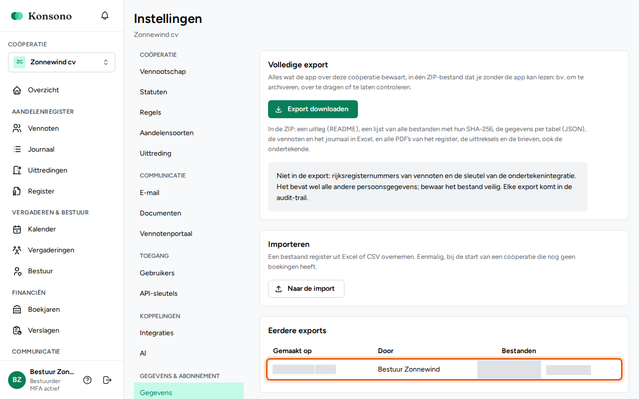De volledige export downloaden, stap 2