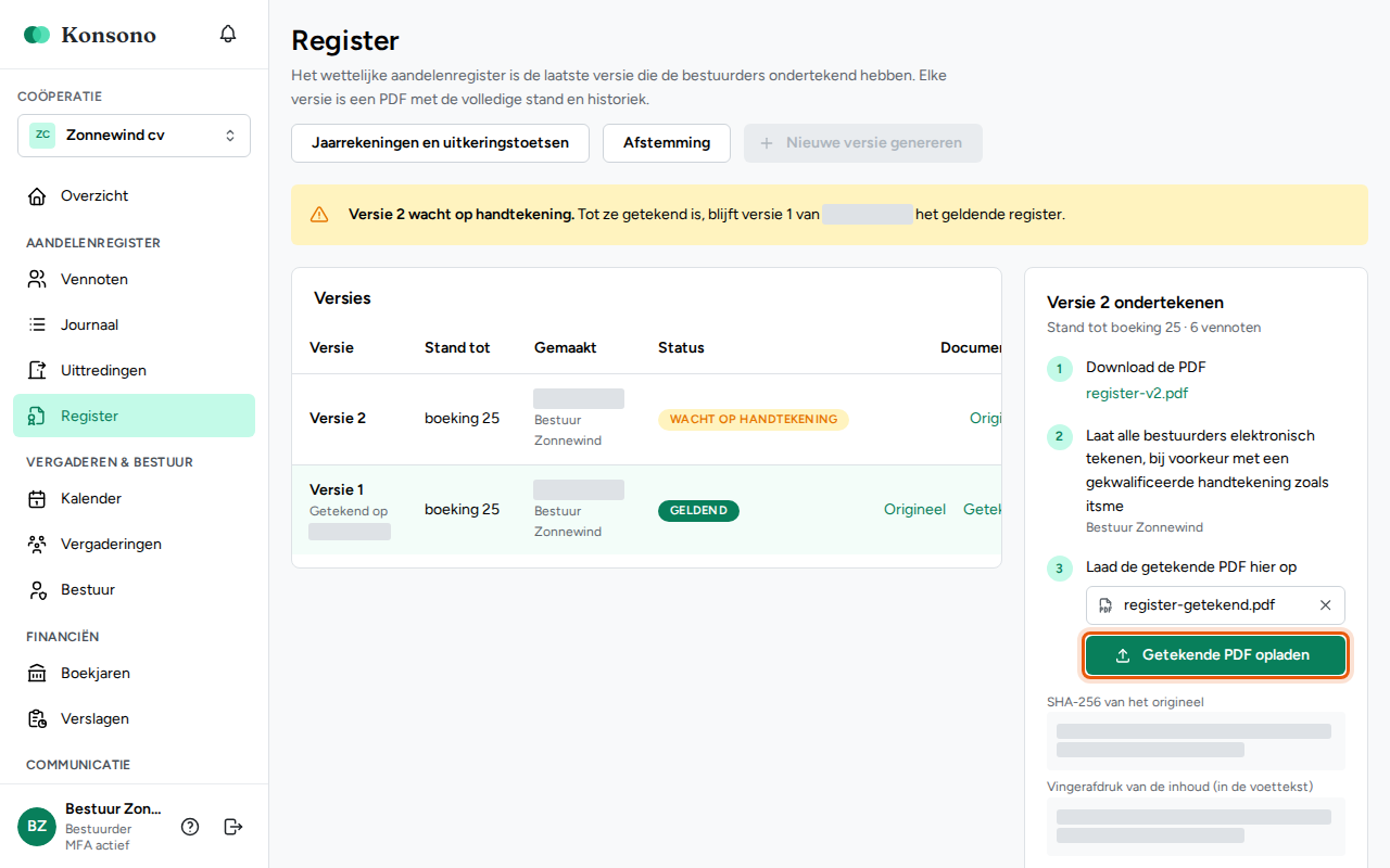 Een registerversie ondertekenen, stap 3
