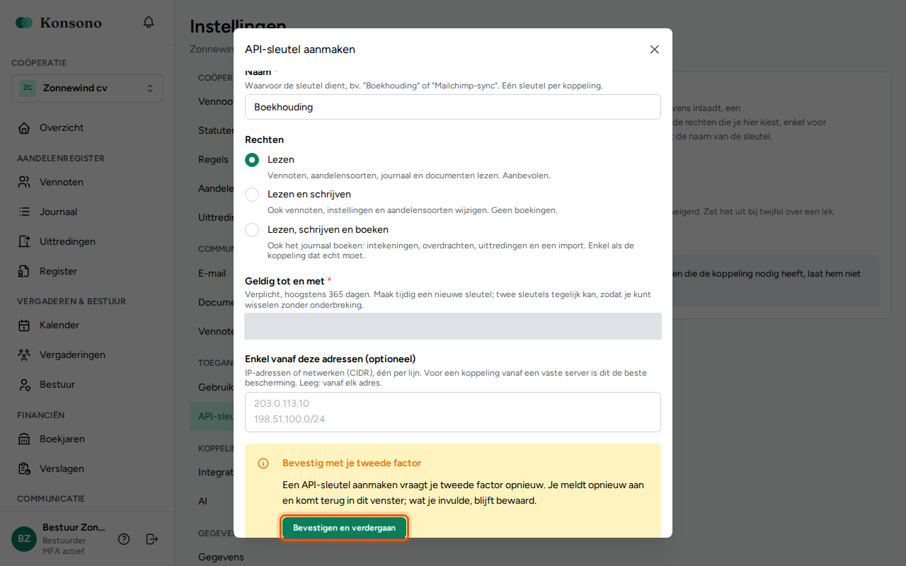 Een API-sleutel aanmaken, stap 4