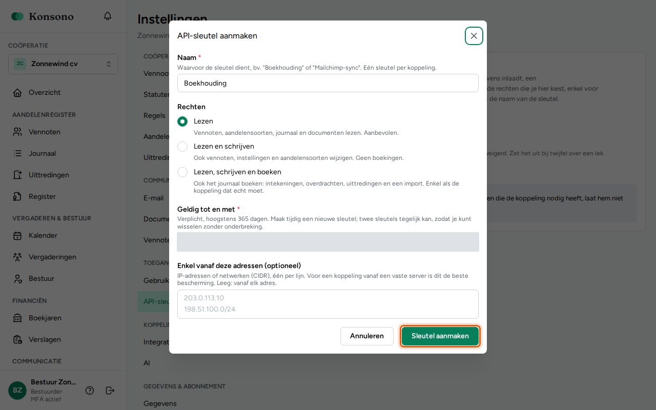 Een API-sleutel aanmaken, stap 5