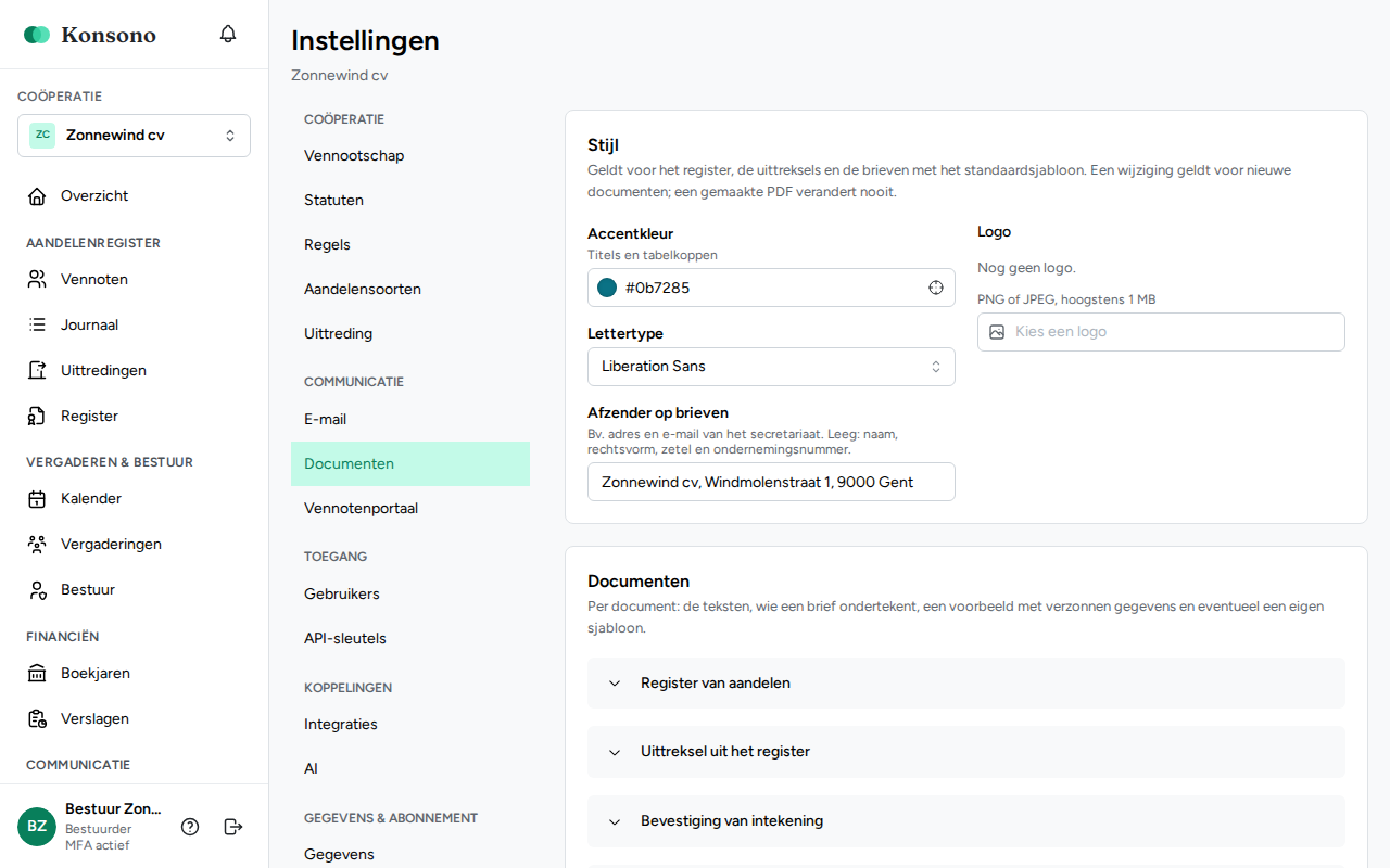Instellingen: onderdeel Documenten