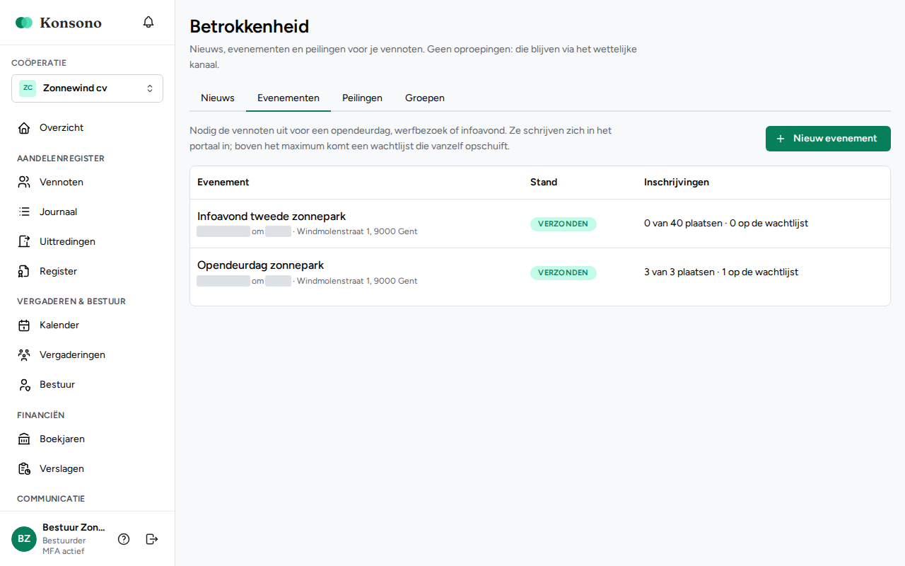 Betrokkenheid: tabblad Evenementen