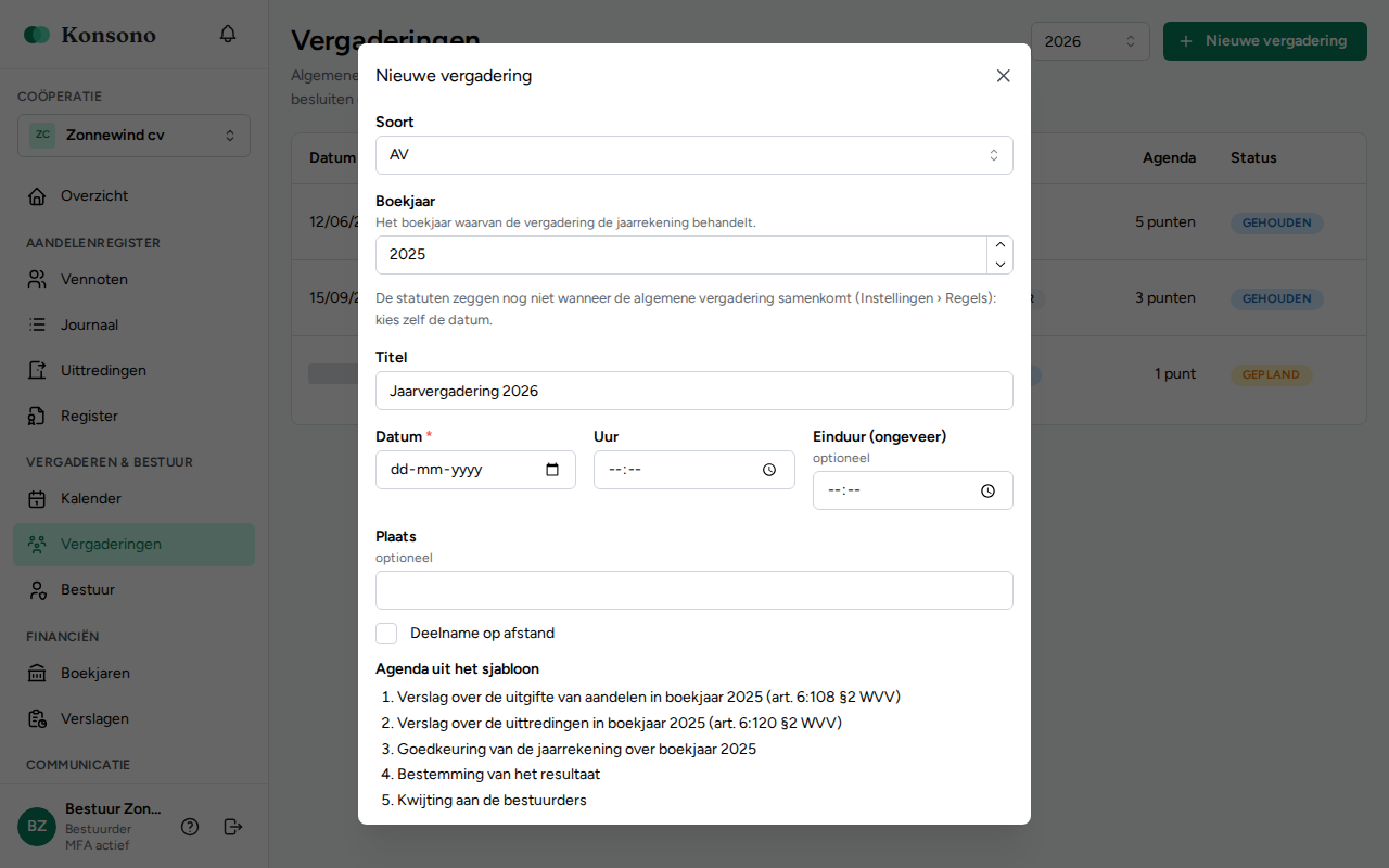 Vergaderingen: venster Nieuwe vergadering