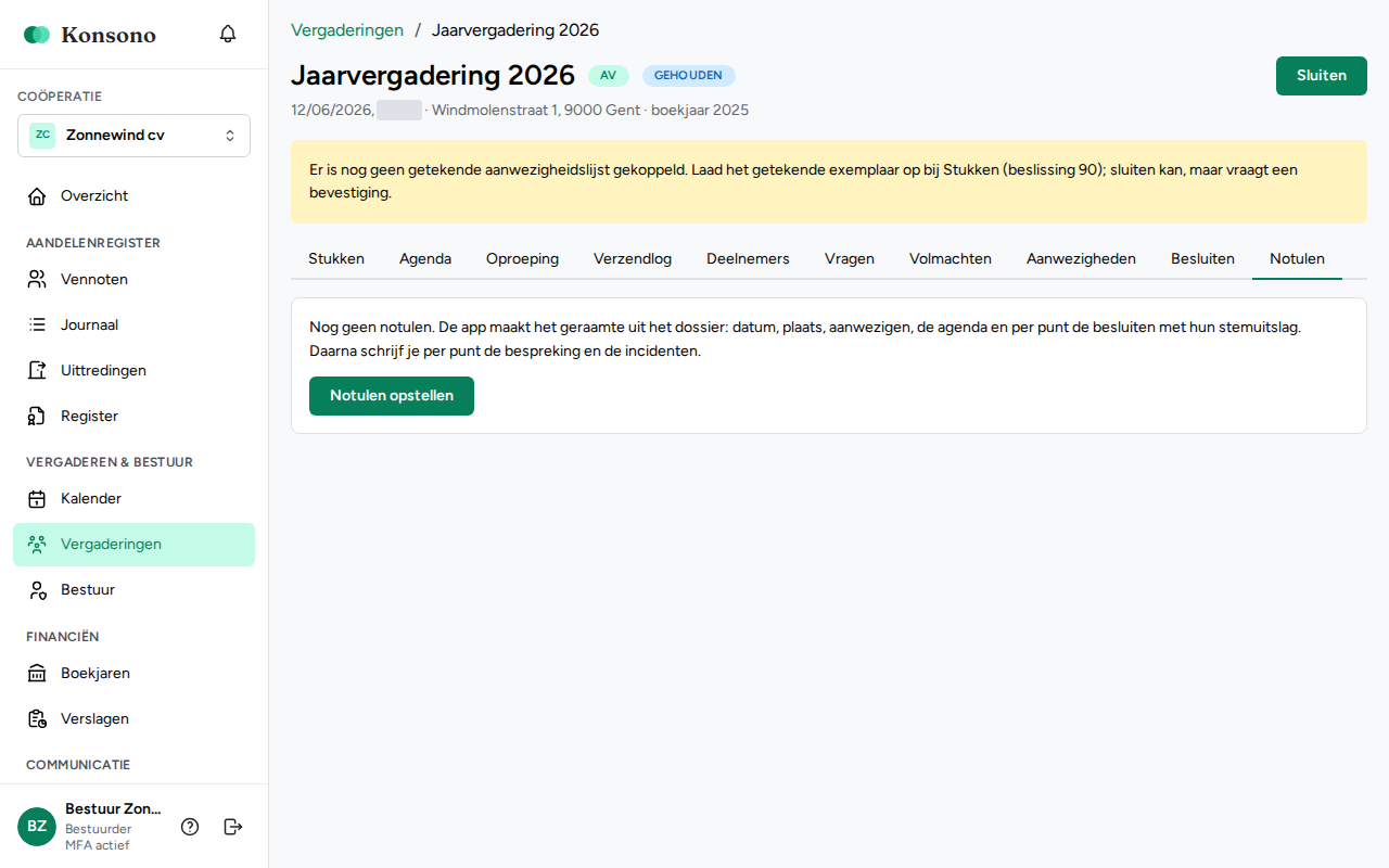Vergadering: tabblad Notulen