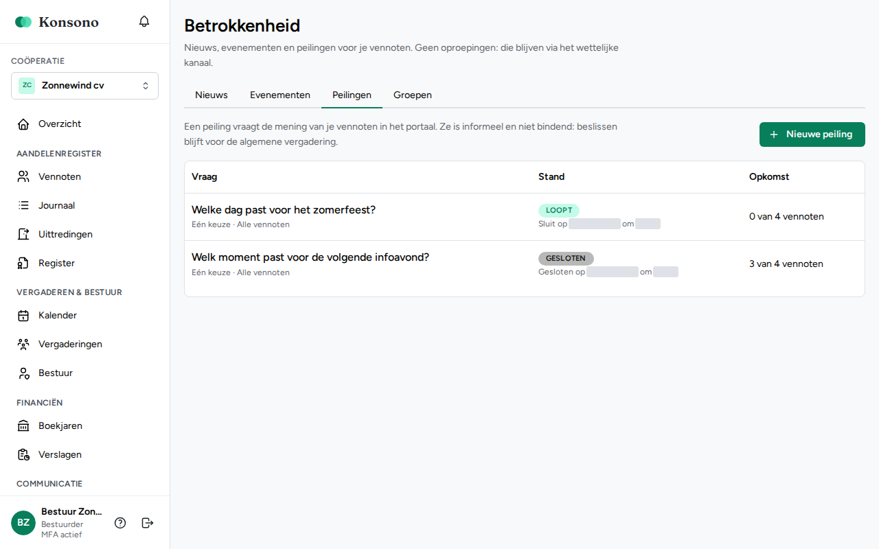 Betrokkenheid: tabblad Peilingen