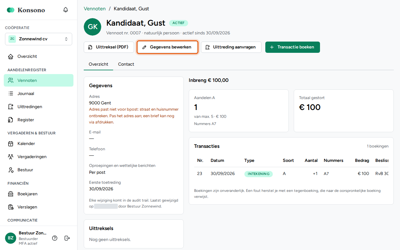 De gegevens van een vennoot wijzigen, stap 1