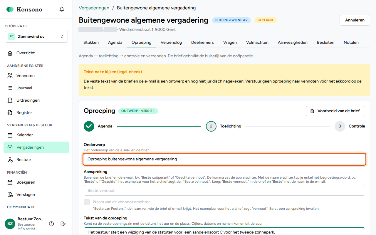 De oproeping versturen, stap 3